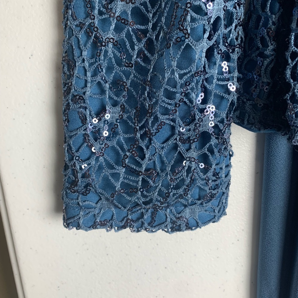 Modest Evening Dress Teal Blue long sleeve Stretch Sequins belt Sz 44 (Turkey) - Picture 16 of 17